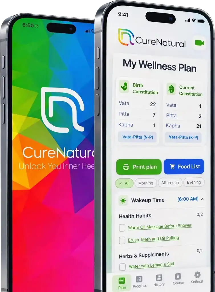 CureNatural Ayurveda mobile app and personalized wellness plan