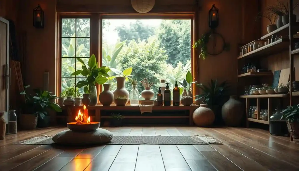 A serene, warm-toned scene of a holistic wellness center. In the foreground, a meditation cushion sits on a wooden floor, surrounded by burning incense and a bowl of crystals. The middle ground features an array of natural healing ingredients like herbs, essential oils, and medicinal plants, arranged artfully on rustic shelves. In the background, a large window overlooks a lush, verdant garden, bathed in soft, natural sunlight. The atmosphere is one of tranquility, balance, and a connection to the natural world, embodying the essence of alternative health and wellness. A serene, warm-toned scene of a holistic wellness center. In the foreground, a meditation cushion sits on a wooden floor, surrounded by burning incense and a bowl of crystals. The middle ground features an array of natural healing ingredients like herbs, essential oils, and medicinal plants, arranged artfully on rustic shelves. In the background, a large window overlooks a lush, verdant garden, bathed in soft, natural sunlight. The atmosphere is one of tranquility, balance, and a connection to the natural world, embodying the essence of alternative health and wellness.