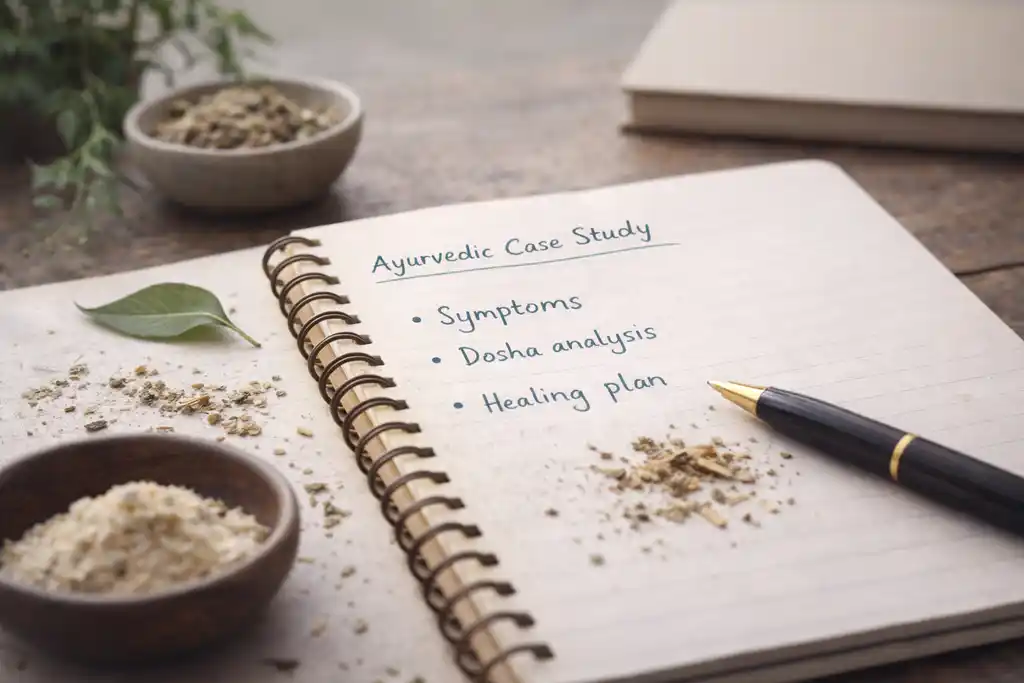 An Ayurvedic case study notebook with herbs and a pen