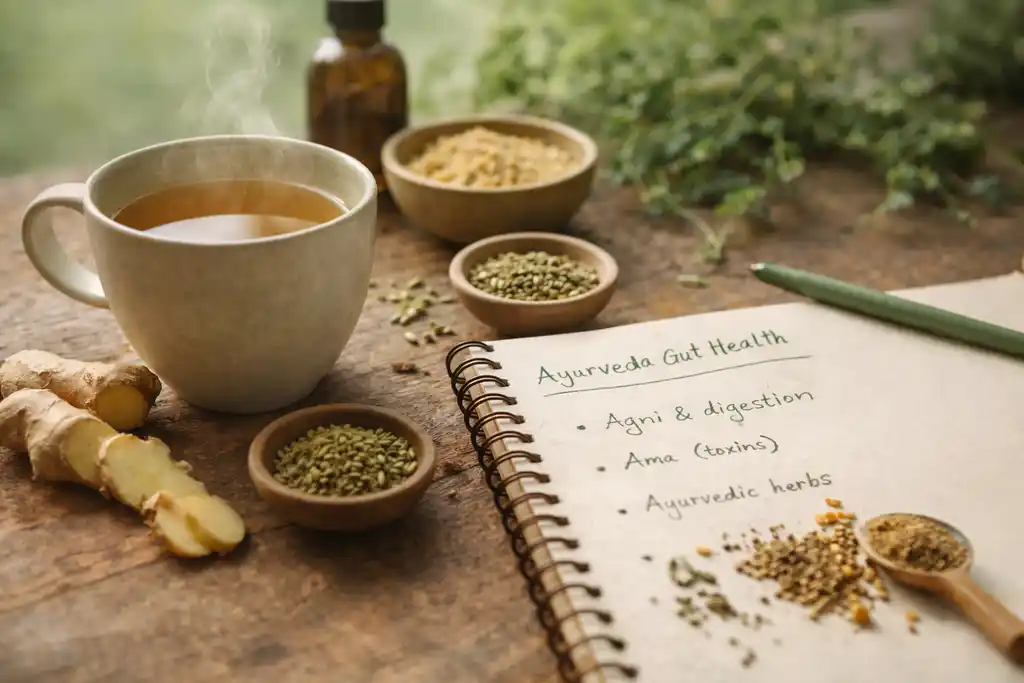 Herbal tea, ginger and an Ayurveda gut health notebook