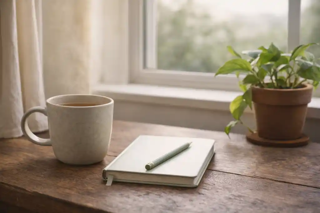 A warm drink and notebook beside a window for an everyday Ayurvedic routine