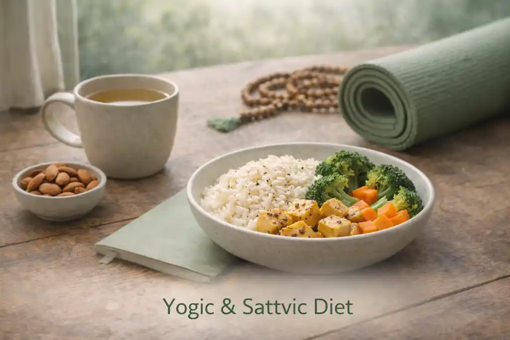 A yoga mat, tea and a sattvic meal